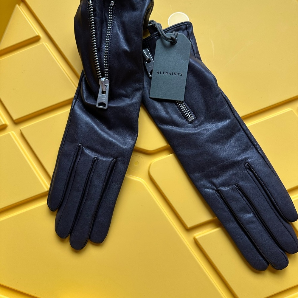 AllSaints Black Leather Gloves, size M